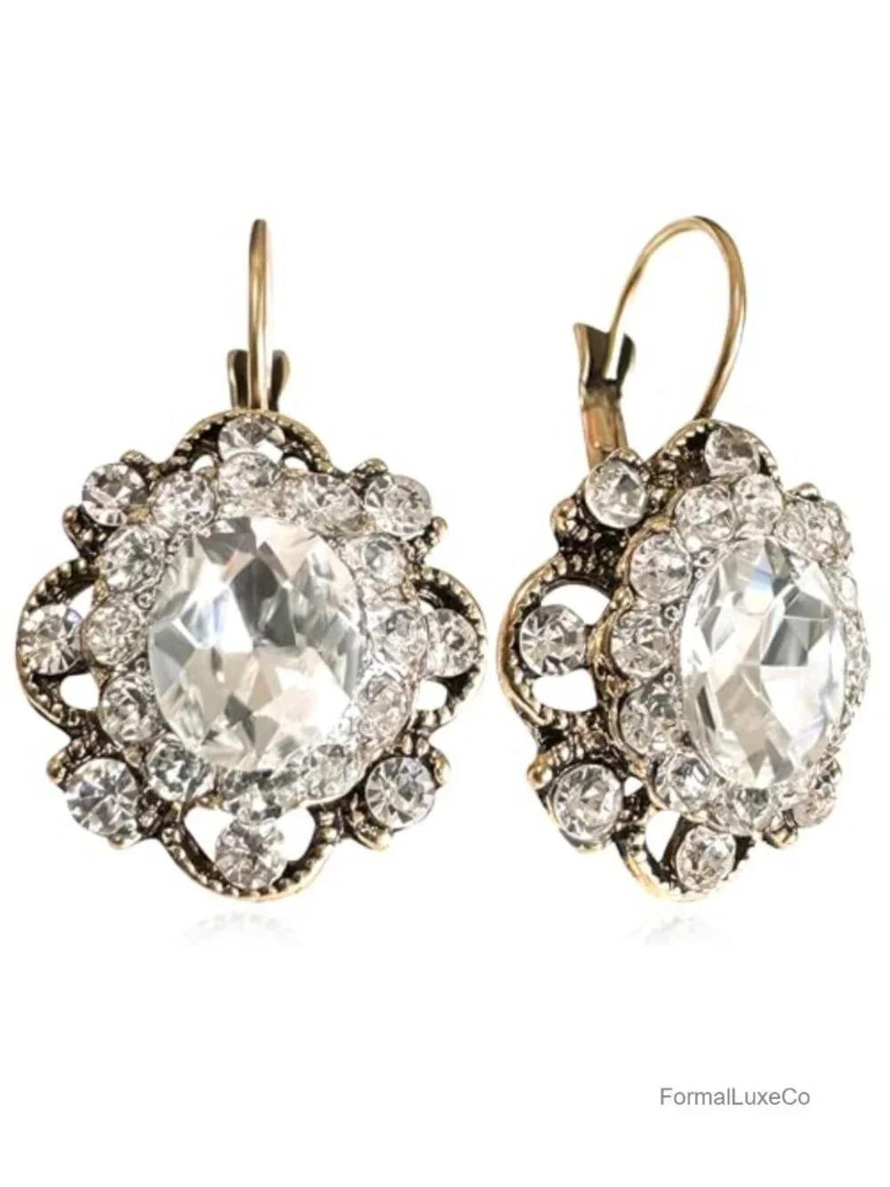 Handmade Bohemian Gold Sparkly Crystal Round Flower Leverback Dangle Drop